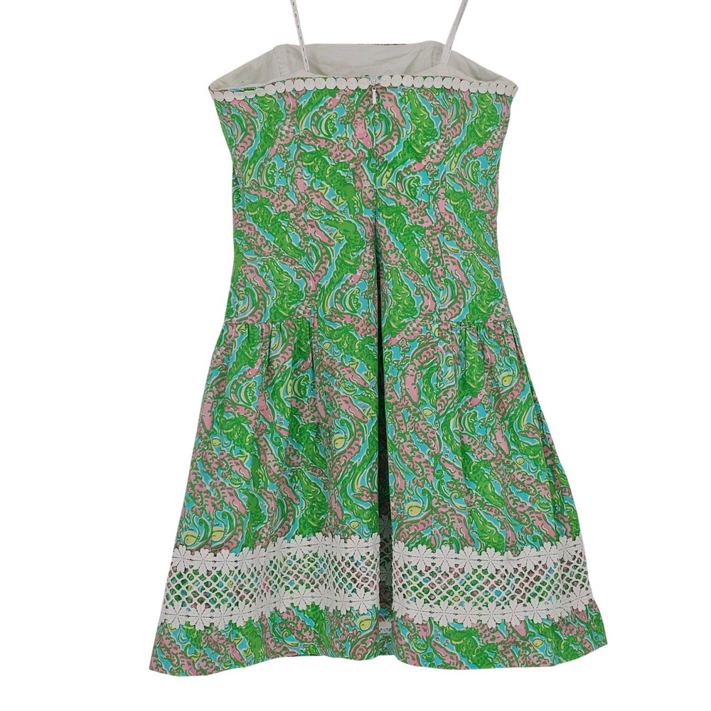 Lilly Pulitzer Jordan Strapless Dress 2 Chomp Chomp Green Pink Lace Trim - Picture 3 of 14